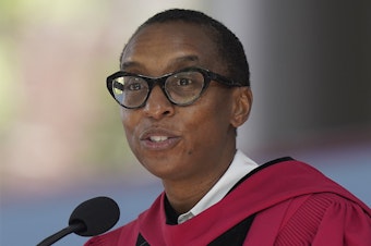 caption: Claudine Gay, pictured during commencement ceremonies in May, stepped down as Harvard University's president amid plagiarism accusations and criticism over her remarks at a congressional hearing in December.