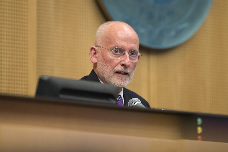 caption: Councilmember Tim Burgess speaks after accepting a nomination from council member Lorena Gonzalez to become the intern mayor of Seattle, during a city council meeting on Monday, September 18, 2017, at City Hall in Seattle.