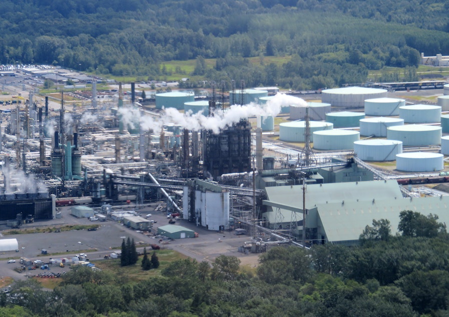 caption: The 400-mile Olympic Pipeline carries gasoline, diesel and jet fuel from refineries in northern Washington state, such as BP Cherry Point shown here, to a distribution hub in Portland, Oregon.