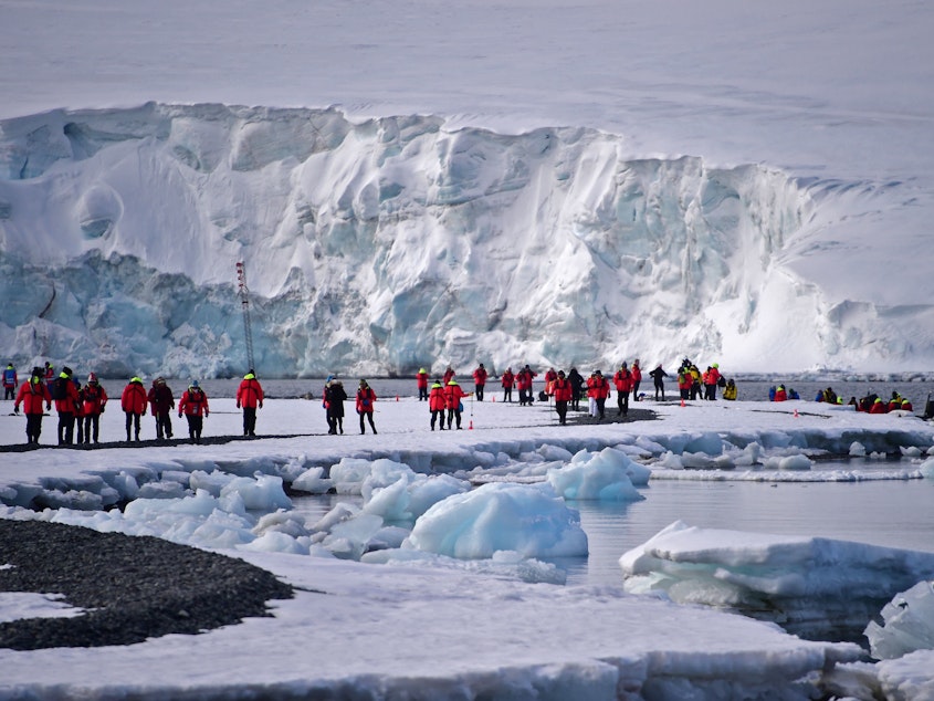 caption: Tourists visit the South Shetland Islands in Antarctica in 2019. A new study suggests that tourism and research activity in the most heavily trafficked part of the continent is leading to significantly more snow melt.