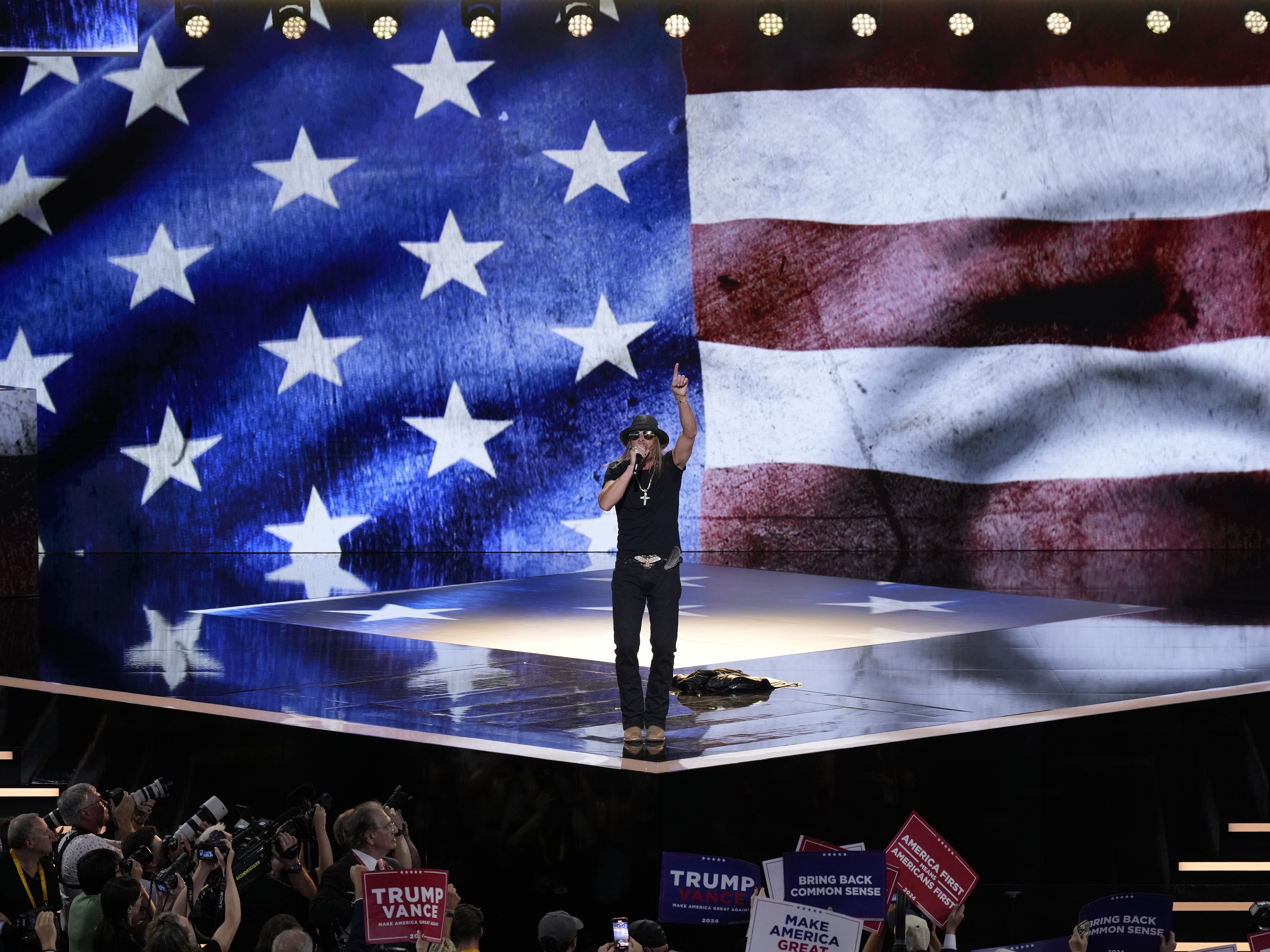 caption: Kid Rock performs during the final day of the Republican National Convention on Thursday, July 18, 2024, in Milwaukee.