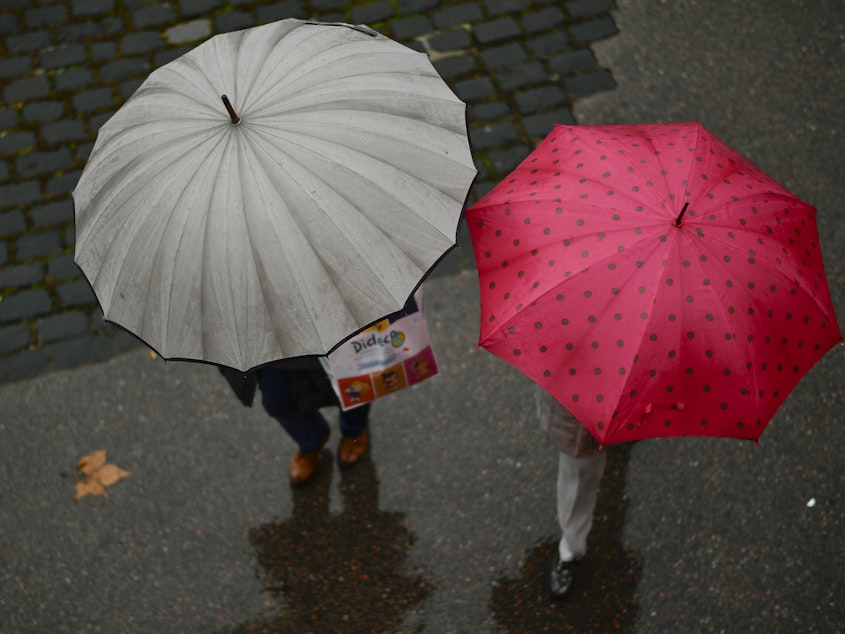 caption: People shelter from the rain under their umbrellas as rain falls in Pamplona, northern Spain, in 2018.