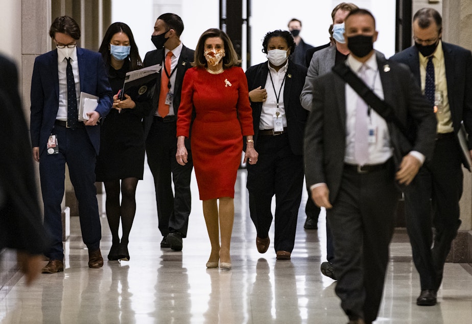 caption: House Speaker Nancy Pelosi, seen at the Capitol on Feb. 11, has called for an independent commission to investigate the Jan. 6 Capitol insurrection.