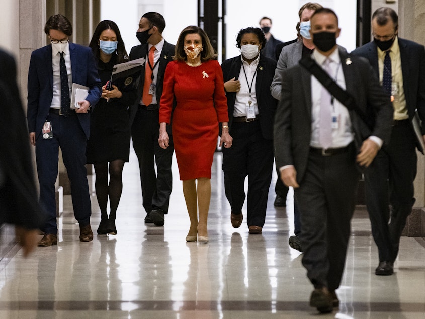 caption: House Speaker Nancy Pelosi, seen at the Capitol on Feb. 11, has called for an independent commission to investigate the Jan. 6 Capitol insurrection.