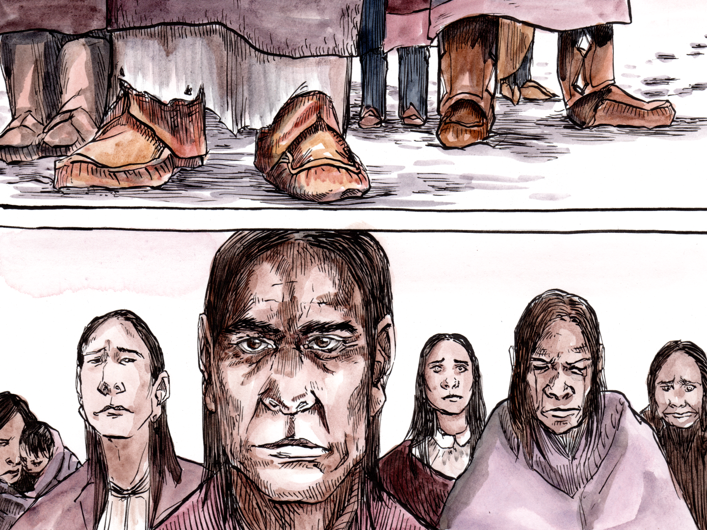 caption: The Conestoga stand and face their final moments