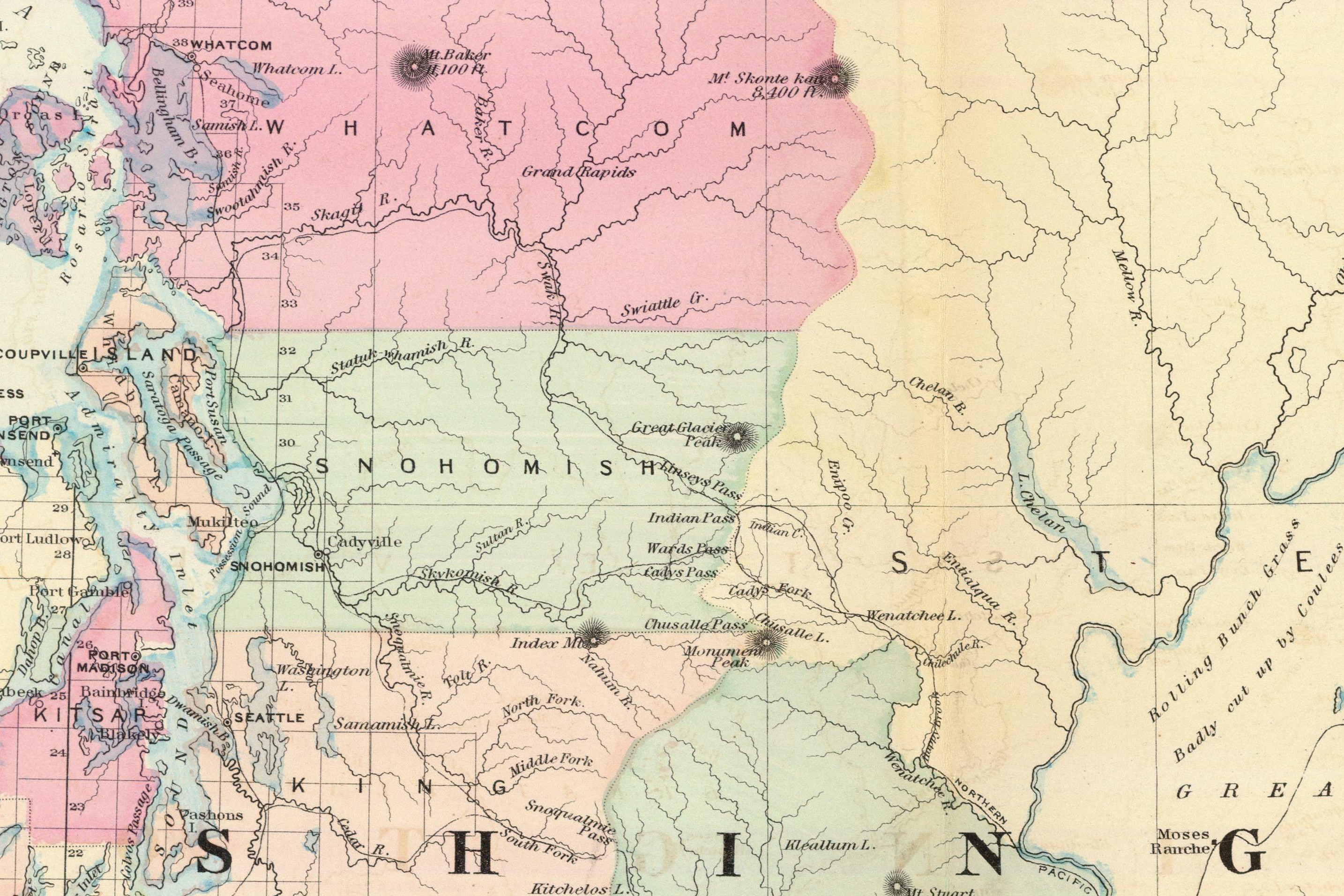 caption: The 1874 Asher and Adams Atlas gave the mountain known orally as t’da-ko-buh-ba for generations its first known written name: "Great Glacier Peak."  