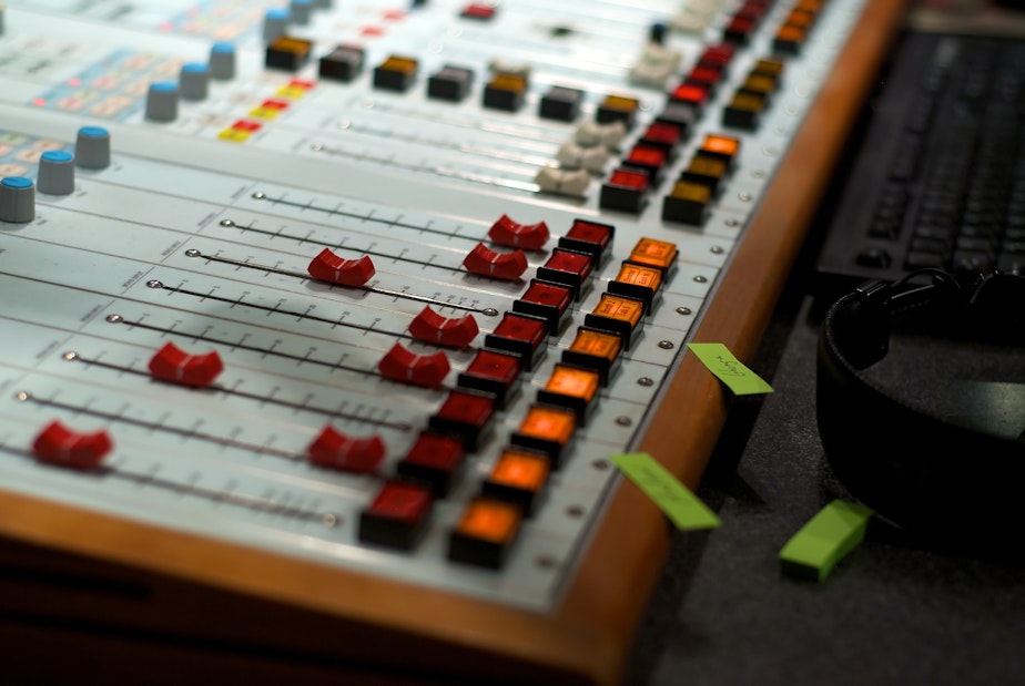 caption: A sound board in the KUOW studios in Seattle