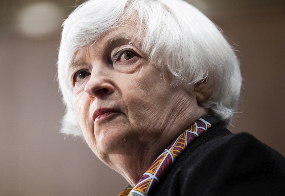 caption: Treasury Secretary Janet Yellen testifies before a Senate Banking, Housing and Urban Affairs Committee hearing last month.