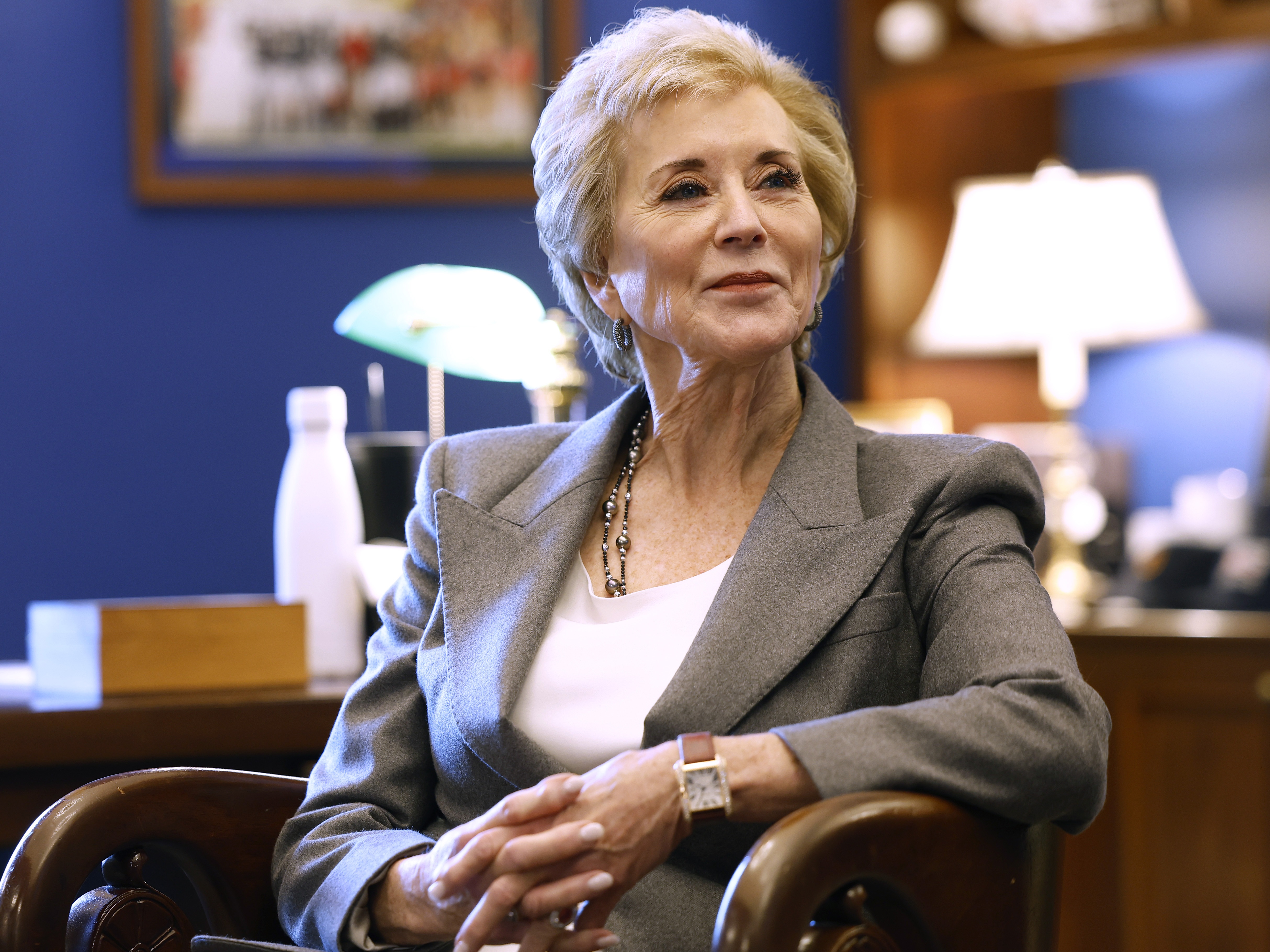 caption: Donald Trump's nominee to lead the U.S. Education Department, Linda McMahon, seen here in December, has come out in support of school choice and "parental rights in education," and in opposition to "political indoctrination in classrooms."