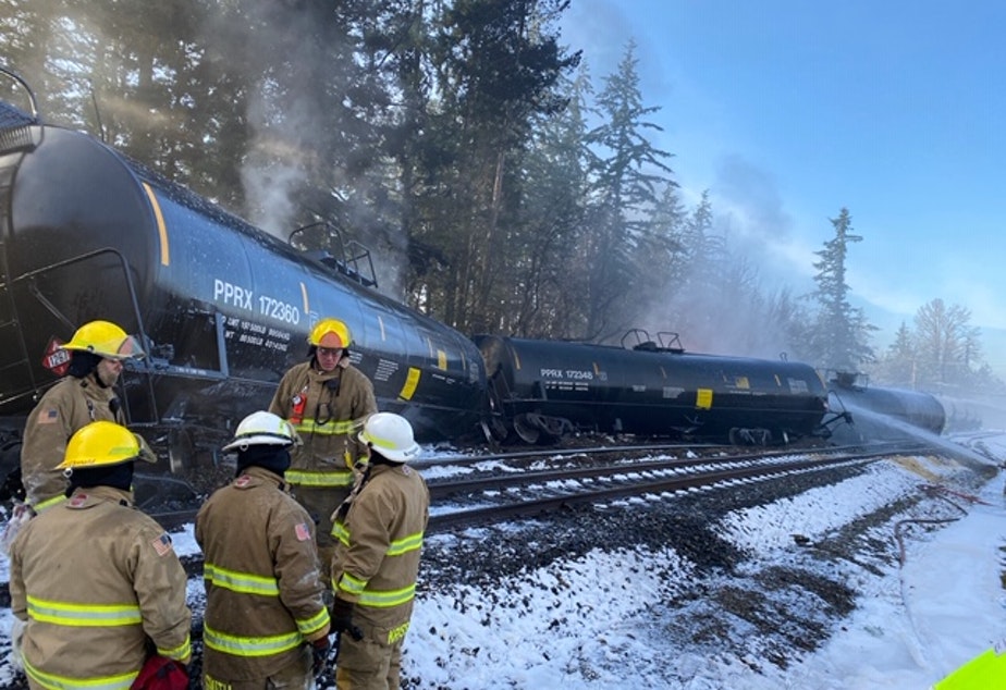 KUOW Train carrying crude oil derails, catches fire in County