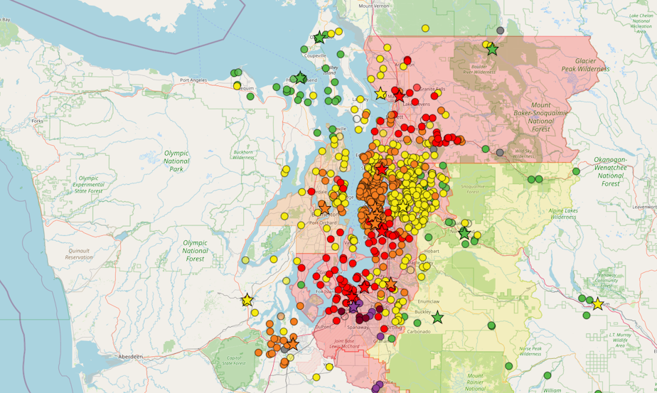 caption: Air quality across Western Washington on July 5, 2023. Green is good, yellow is moderate air, orange is unhealthy for sensitive groups, red is unhealthy, purple is very unhealthy. 