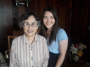 caption: Natalie Newcomb (right) with her Achan, her grandmother Kazuko Nita, in Japan.