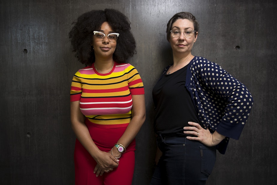 caption: Eula Scott Bynoe and Jeannie Yandel are co-hosts of Battle Tactics For Your Sexist Workplace, a new podcast from KUOW Public Radio in Seattle.