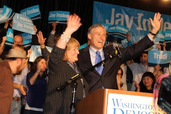 caption: Jay Inslee with wife Trudi at the Washington State Democratic Party's election night event at the Westin on Nov. 6, 2012.