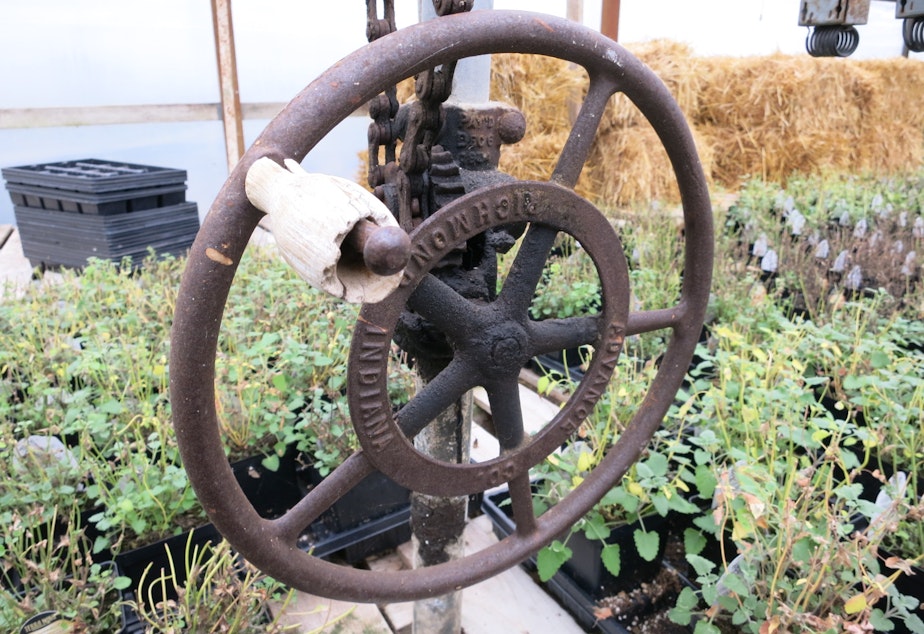 caption: A crank at the Zenith Holland Gardens in Des Moines was used at one time to vent the greenhouses.