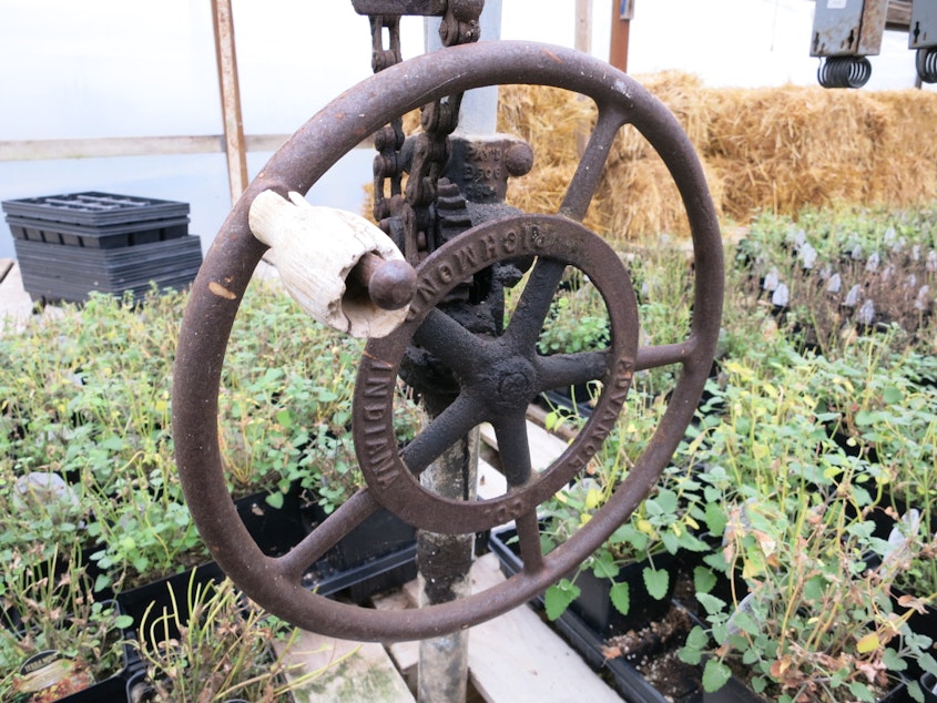 caption: A crank at the Zenith Holland Gardens in Des Moines was used at one time to vent the greenhouses.