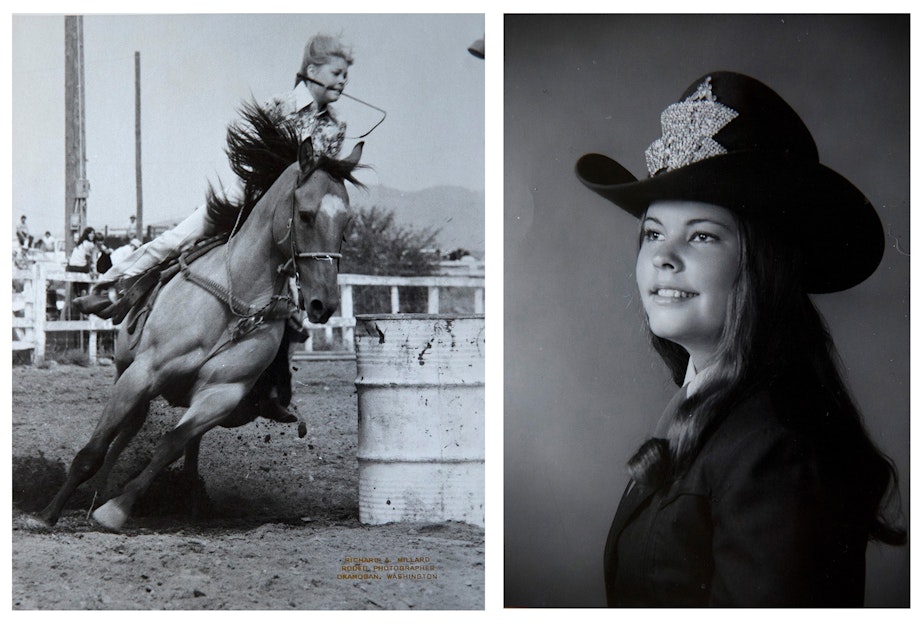caption: Left: A photograph shows Julie Hensley competing at the Okanogan County Fair in 1976. Right: A photograph of Julie Hensley from 1974 when she was crowned Washington state high school rodeo queen. 
