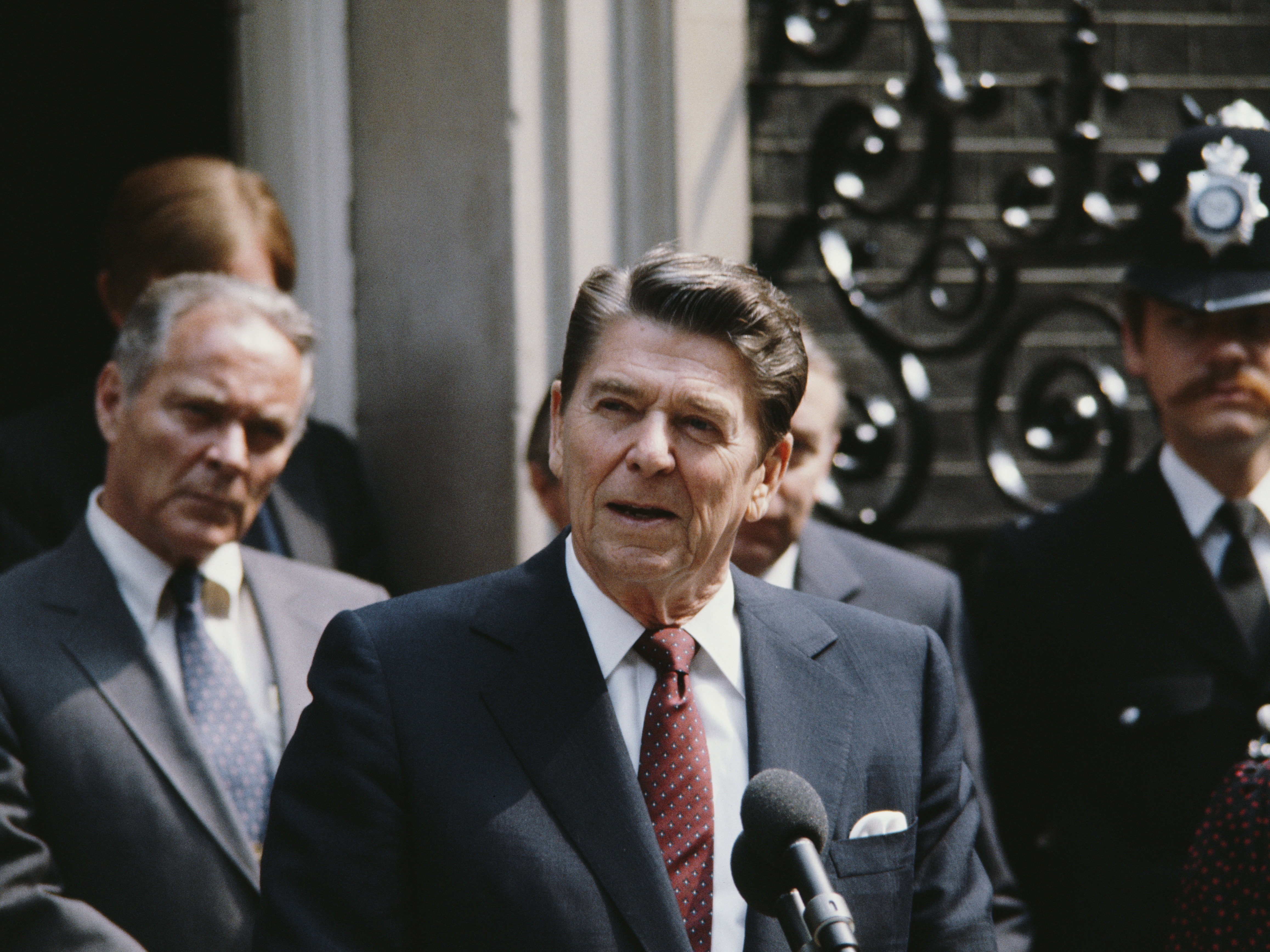 caption: President Ronald Reagan during a state visit to London in June 1982. Reagan laid the rhetorical foundations for the National Endowment for Democracy in a speech during that visit.