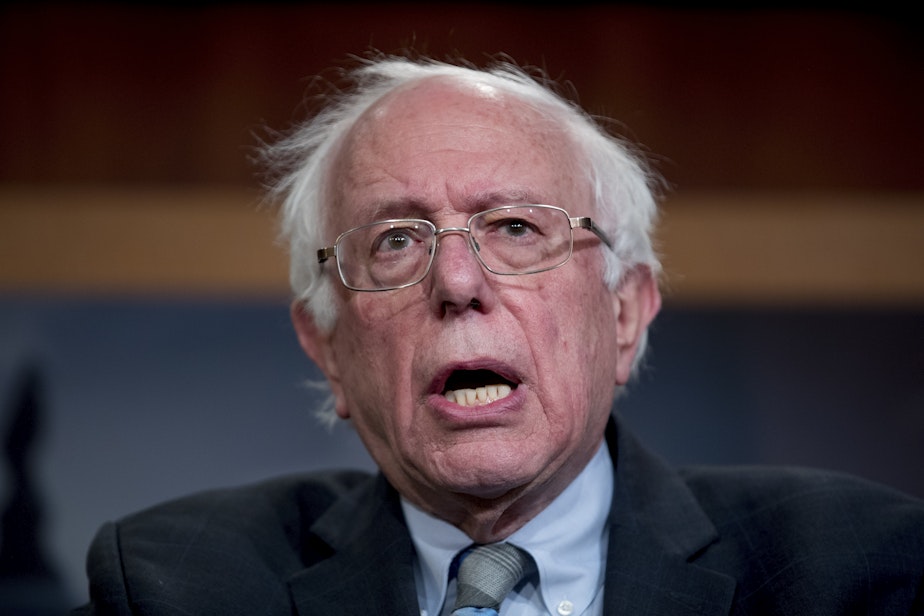 caption: FILE - In this Jan. 30, 2019, file photo, Sen. Bernie Sanders, I-Vt., speaks at a news conference on Capitol Hill in Washington. 