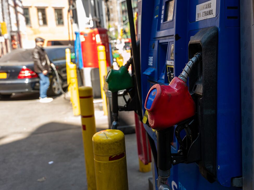 caption: A gas pump stands at a station in Manhattan on April 21 in New York City. Most Americans say that high gas prices are straining their household budget, according to a new NPR/PBS News/Marist poll.