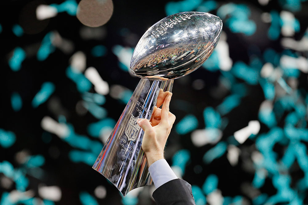 caption:  A view of the Vince Lombardi trophy after the Philadelphia Eagles 41-33 victory over the New England Patriots in Super Bowl LII at U.S. Bank Stadium on February 4, 2018 in Minneapolis, Minnesota. (Kevin C. Cox/Getty Images)
