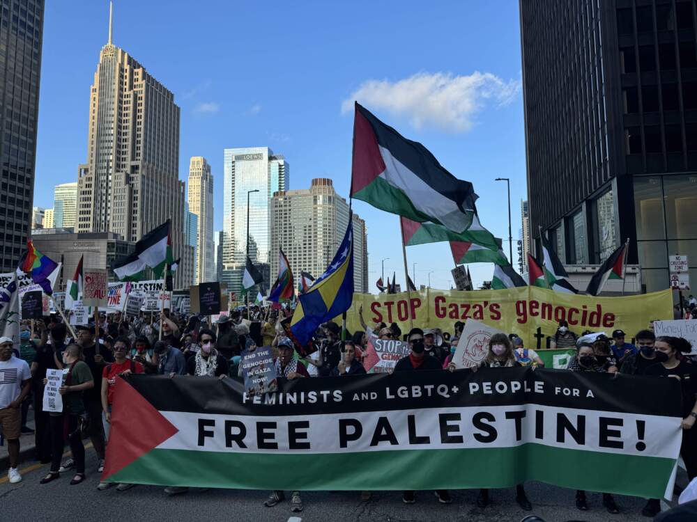 caption: Demonstrators at the first major protest of the DNC gather Sunday evening in downtown Chicago. (Chris Bentley/Here &amp; Now)