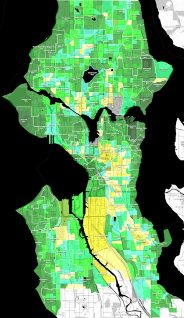 caption: Election night results by precinct and neighborhood. 

Bruce Harrell (green) vs. Lorena González (yellow). 

