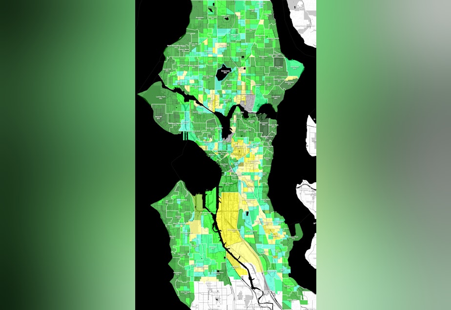 caption: Election night results by precinct and neighborhood. 

Bruce Harrell (green) vs. Lorena González (yellow). 


