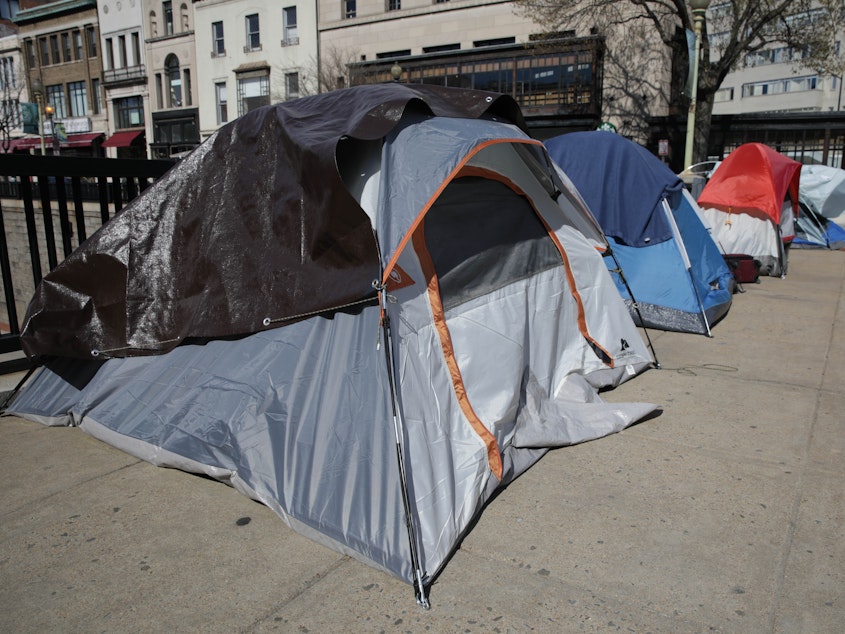 caption: Tents of homeless people line a street in Washington, D.C., in April.