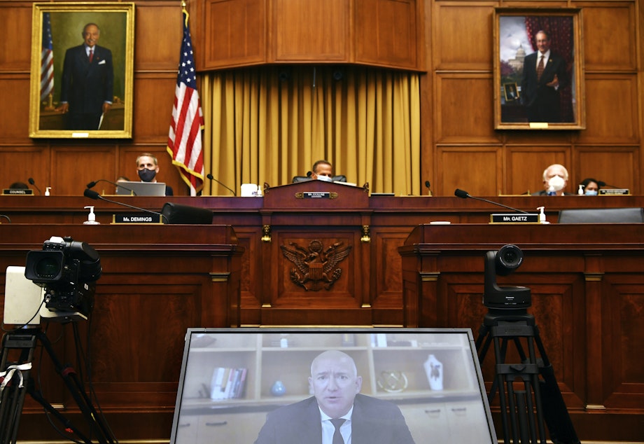 caption: Amazon CEO Jeff Bezos testifies remotely during a House Judiciary subcommittee on antitrust on Capitol Hill on Wednesday, July 29, 2020, in Washington. 