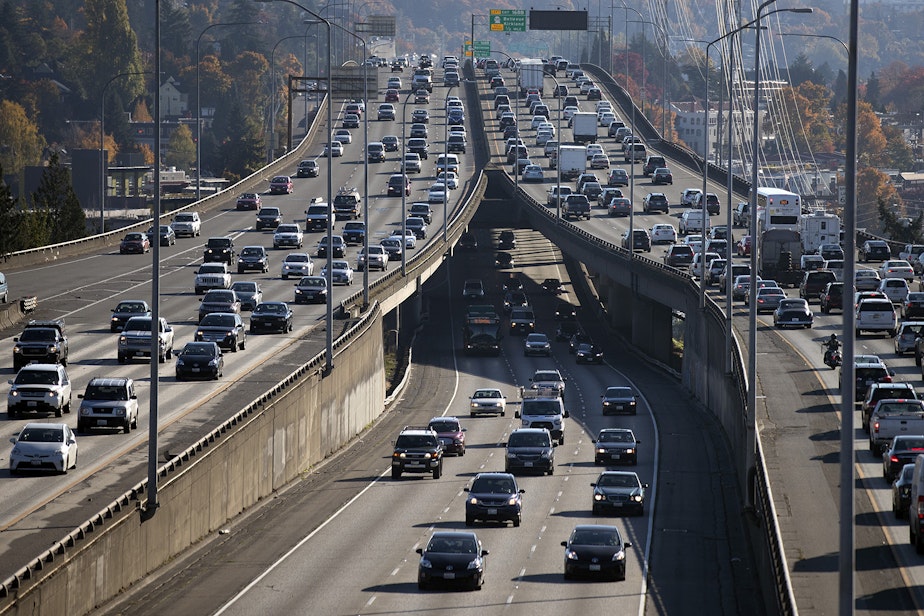 caption: Traffic is seen on I-5 from 45th St., on Friday, October 27, 2017, in Seattle. 