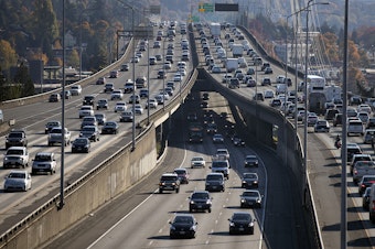 caption: Traffic is seen on I-5 from 45th St., on Friday, October 27, 2017, in Seattle. 