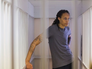 caption: Brittney Griner waits for the verdict during a hearing outside Moscow on Aug. 4. The WNBA star is one of more than five dozen Americans being held hostage or wrongfully detained abroad, according to the James. W. Foley Legacy Foundation.