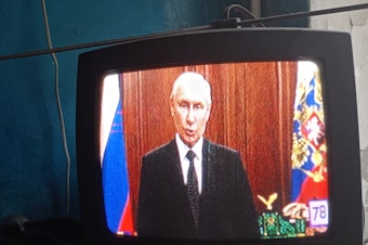 caption: Russian President Vladimir Putin is seen on television in St. Petersburg, Russia, addressing his nation in connection with the Wagner Group rebellion led by Yevgeny Prigozhin.