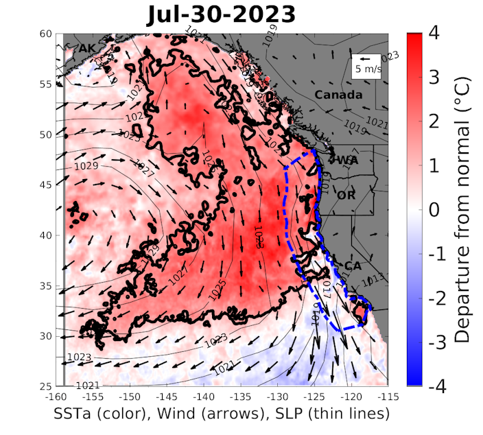 caption: By late July, a blob of abnormally warm water had spread east and engulfed the coastlines of Oregon and Washington after those regions had experienced an unusually cool spring. The U.S. Exclusive Economic Zone is marked by the blue dashed line.