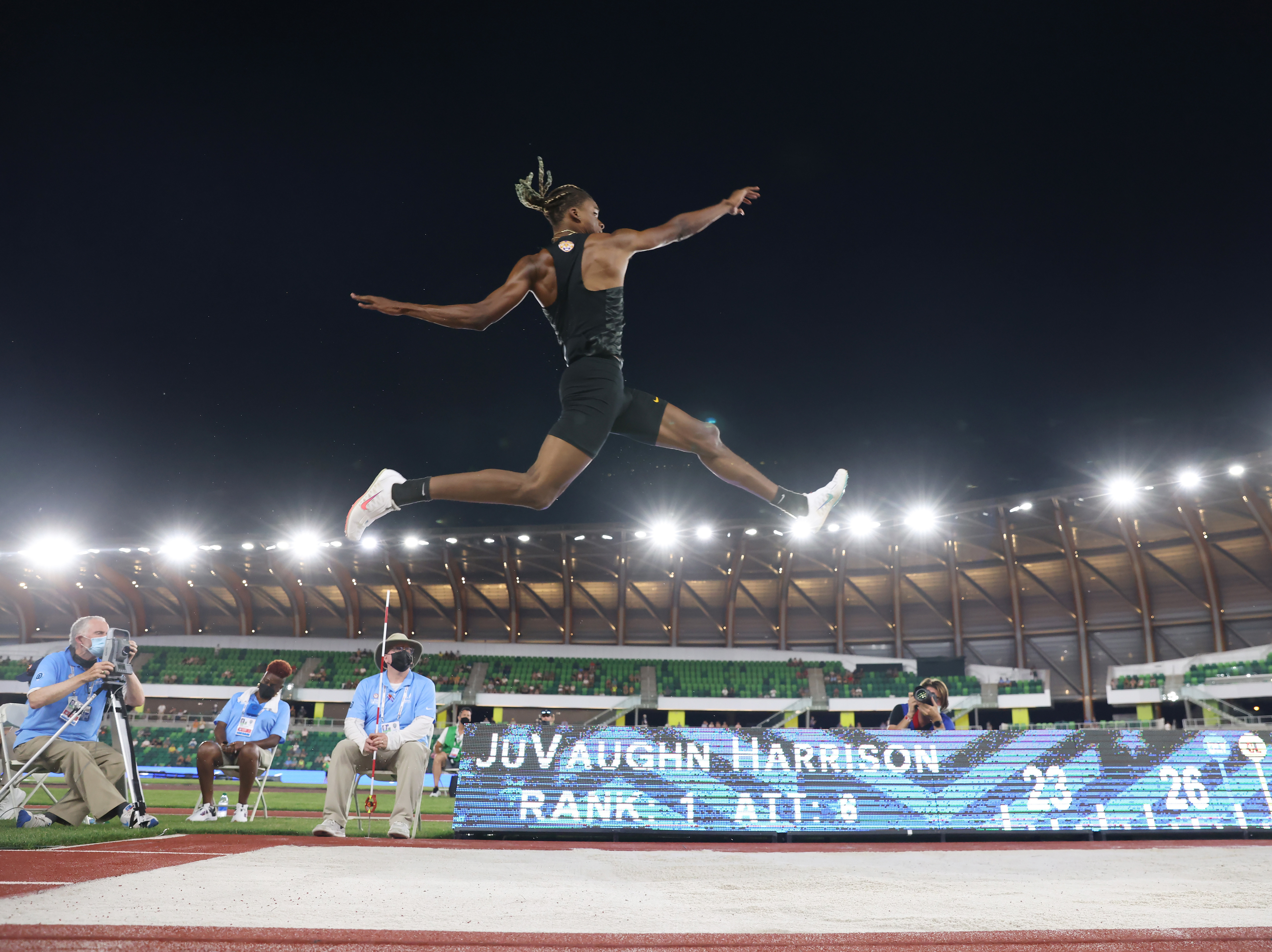 caption: JuVaughn Harrison competes in the men's long jump final at the Olympic trials in June. He'll compete in both the long jump and high jump in the Olympics.