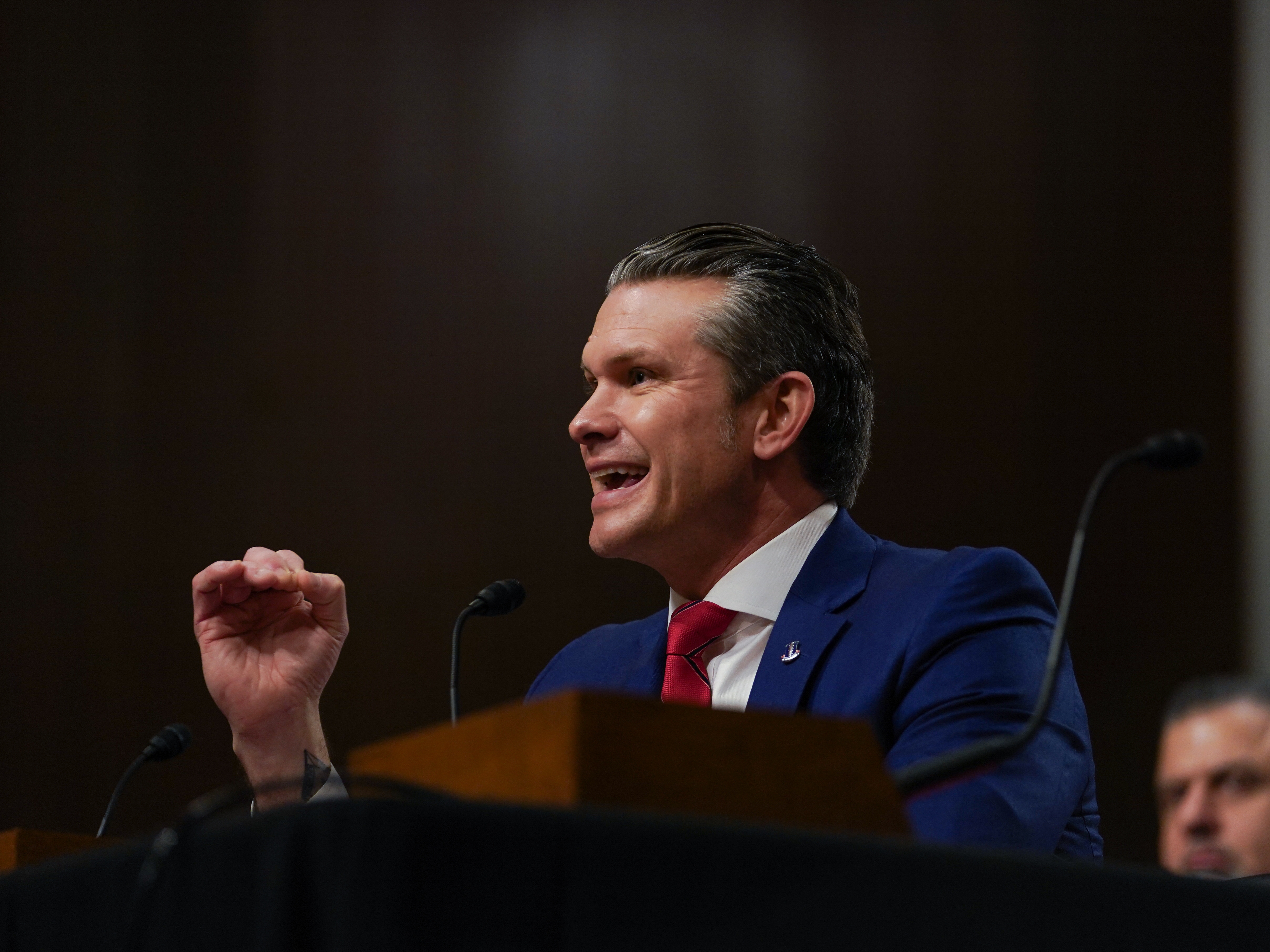caption: Pete Hegseth, U.S. President-elect Donald Trump's nominee for defense secretary, testifies during his confirmation hearing before the Senate Armed Services Committee on Capitol Hill on Jan. 14.