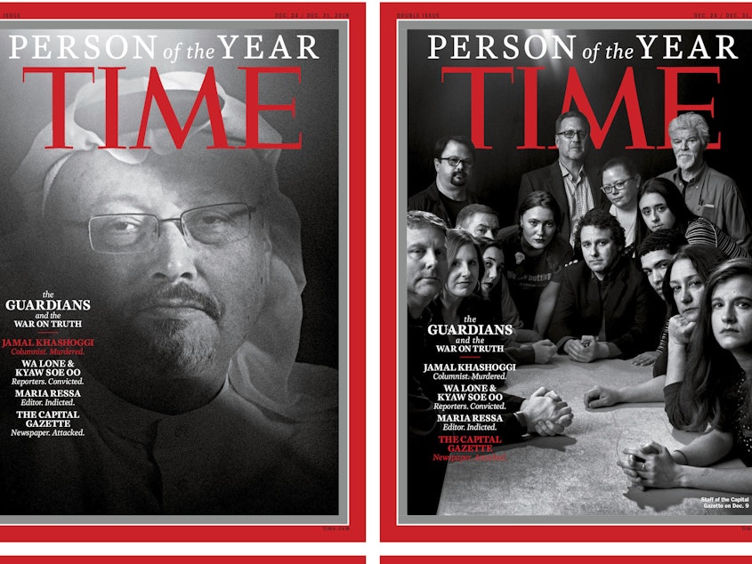 caption: <em>Time</em> magazine is printing four covers for its "Person of the Year" issue, featuring Jamal Khashoggi, top left, members of the Capital Gazette newspaper staff, top right, Wa Lone and Kyaw Soe Oo (via their wives), bottom left, and Maria Ressa.