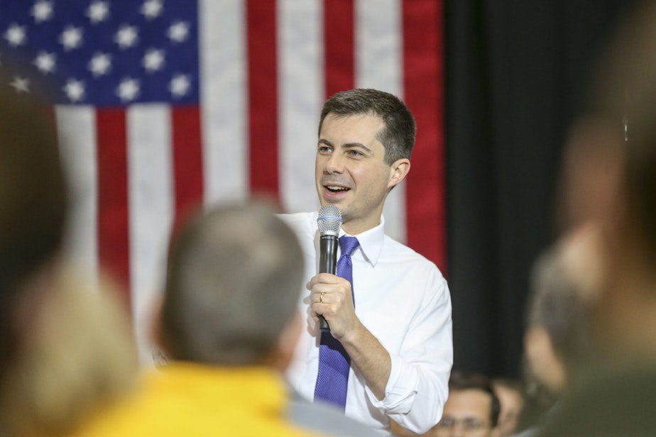 caption: Pete Buttigieg speaks during a campaign event in Ames, Iowa, on Wednesday, Jan. 29, 2020. He talks to Here & Now about crisscrossing the state before the Iowa caucuses. (Rebecca F. Miller for Here & Now)