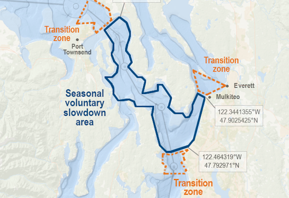 caption: Map of 2022 Admiralty Inlet and North Puget Sound voluntary vessel slowdown area