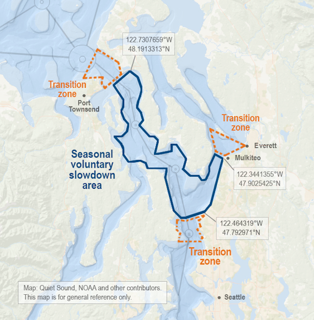caption: Map of 2022 Admiralty Inlet and North Puget Sound voluntary vessel slowdown area