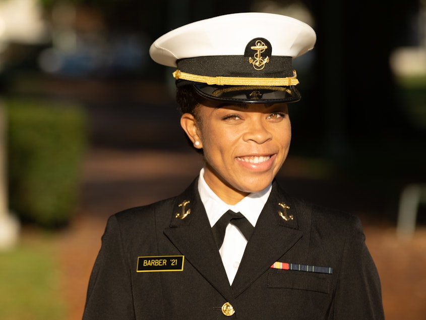 caption: Midshipman 1st Class Sydney Barber, from Lake Forest, Ill., is slated to be the U.S. Naval Academy's first African American female brigade commander. It's the highest student leadership position at the academy.