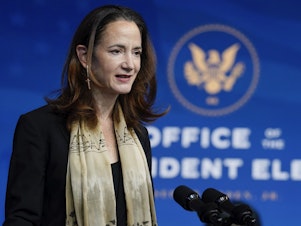 caption: Avril Haines has been nominated as the first woman to be the director of national intelligence, a position that oversees all 17 intelligence agencies. Here, Haines speaks after President-elect Joe Biden introduced her last week in Wilmington, Del.