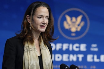 caption: Avril Haines has been nominated as the first woman to be the director of national intelligence, a position that oversees all 17 intelligence agencies. Here, Haines speaks after President-elect Joe Biden introduced her last week in Wilmington, Del.