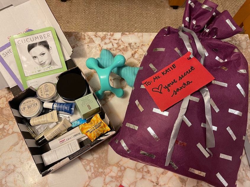 caption: Toni Ray's Christmas gift to her Secret Santa, filled with Buy Nothing finds