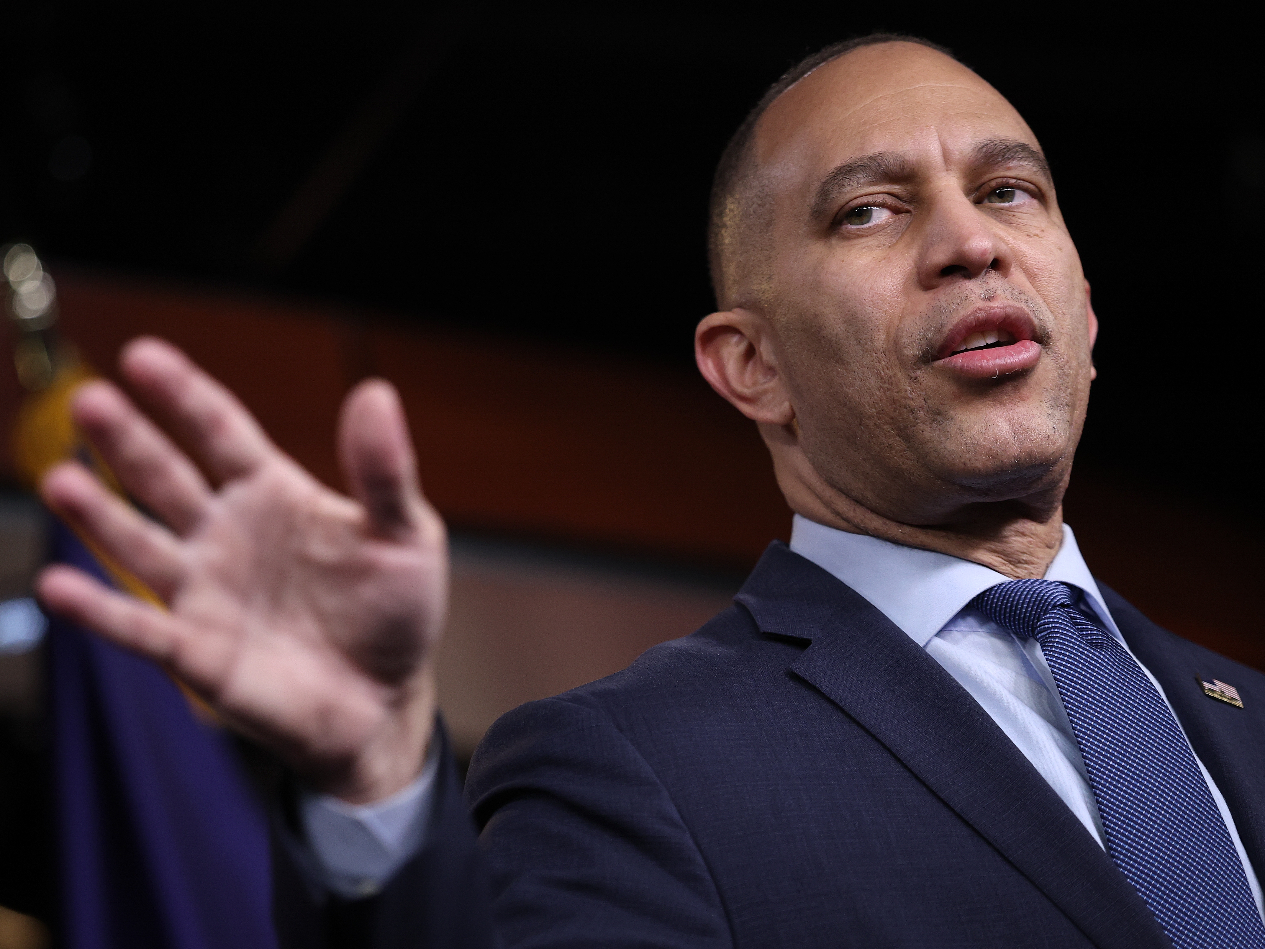 caption: House Democratic Leader Hakeem Jeffries on air strikes by U.S. and Israel on Iran. (Photo by Win McNamee/Getty Images)