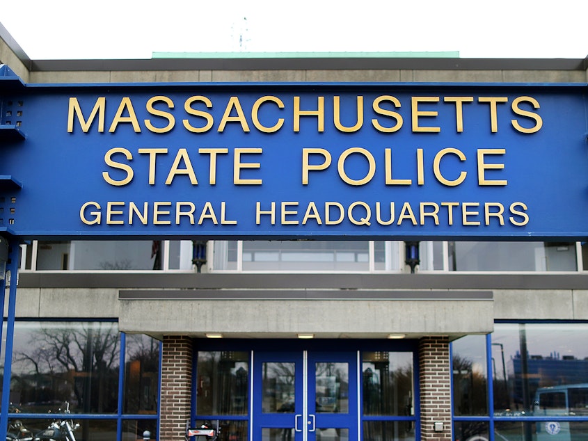 caption: The Massachusetts State Police headquarters in Framingham, Mass. The State Police Association of Massachusetts said "dozens" of troopers have submitted resignation papers as a result of the state's mandatory COVID-19 vaccine mandate.