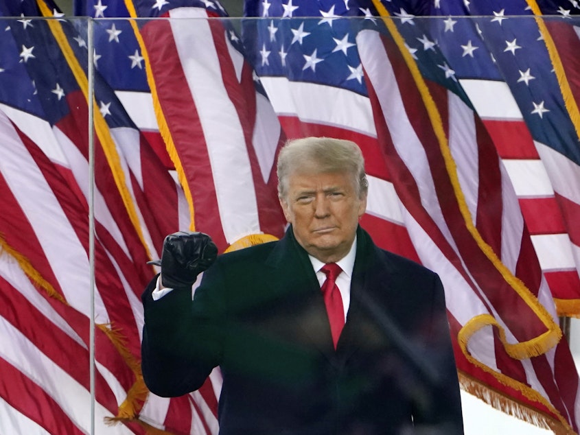 caption: Then-President Donald Trump gestures as he arrives to speak at a rally in Washington, D.C., on Jan. 6, 2021.