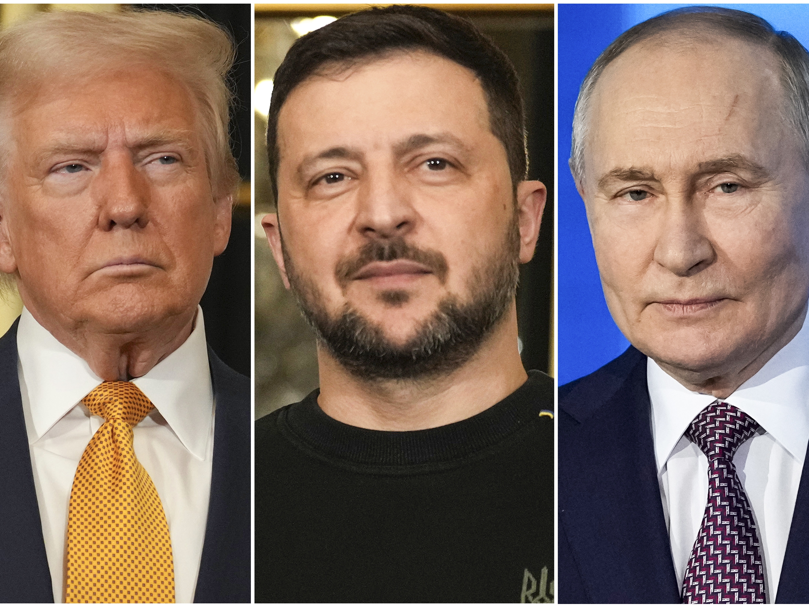 caption: President Trump (left) and Ukraine's President Volodymyr Zelenskyy (center) are seen at the Elysee Palace on Dec. 7, 2024, in Paris, and President Vladimir Putin (right) addresses a Technology Forum in Moscow on Feb. 21, 2025.