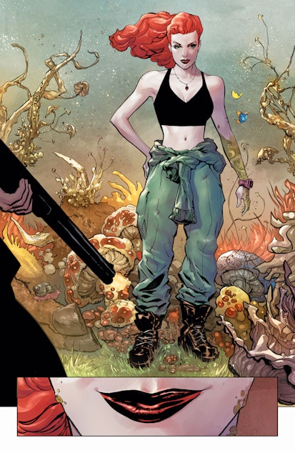 caption: DC Comics' Poison Ivy returns in the first series dedicated to her story. Here she is using her powers, enhanced by lamia spores, to fend off a threat. 